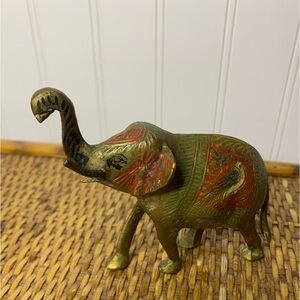 Vintage Painted Brass Elephant Raised Trunk for Good Luck India